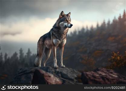 A lone wolf standing on a rocky mountain. distinct generative AI image.. A lone wolf standing on a rocky mountain