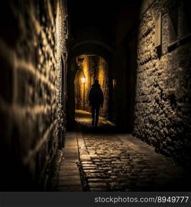 A lonely person walking through a narrow passage created by generative AI