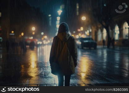 A lonely woman runs around at night in a modern city while it is raining created with generative AI technology
