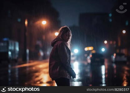 A lonely woman runs around at night in a modern city while it is raining created with generative AI technology