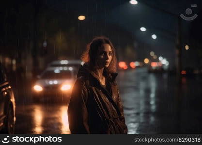 A lonely woman runs around at night in a modern city while it is raining created with generative AI technology