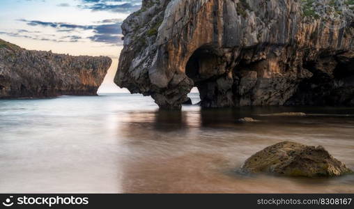 A long expiosure view of the Cuevas del Mar on the Costa Verde of Asturias