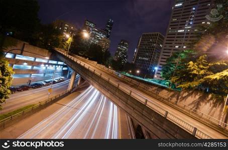 A long exposure at night over the expressway in Seattle Washington