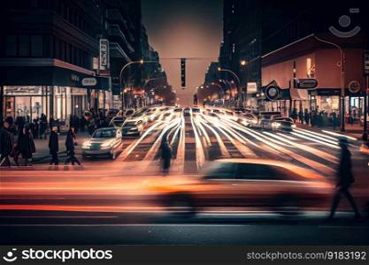 a long exposure of a busy city street, with cars and people whizzing by in blur, created with generative ai. a long exposure of a busy city street, with cars and people whizzing by in blur