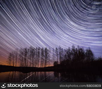 A long exposure of the sky over a lake with the star trails