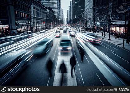 a long exposure shot of a busy city street, with the cars and people frozen in motion, created with generative ai. a long exposure shot of a busy city street, with the cars and people frozen in motion