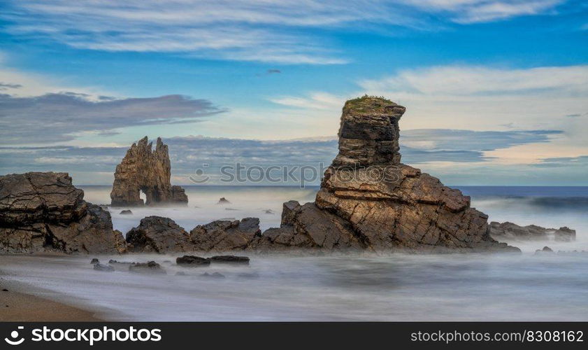 A long exposure view of the Playa de Portizuelo beach on the Costa Verde of Asturias