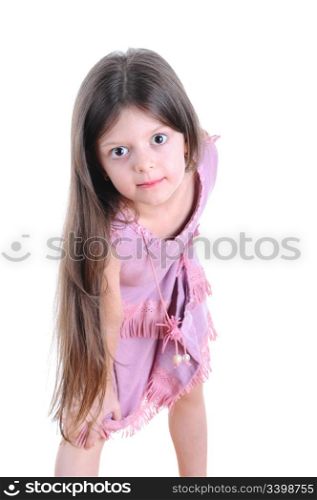 A long-haired girl in a lavender dress opened her eyes wide. Isolated on white background