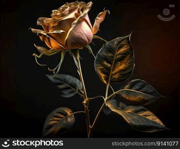 A long-stemmed rose with golden petals against a dark background created with Generative AI technology