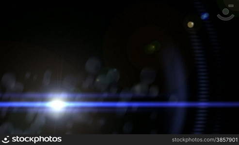 A looping flickering lens flare with a blue streak over a black background