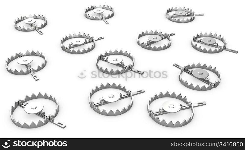 A lot of bear traps, isolated on white background