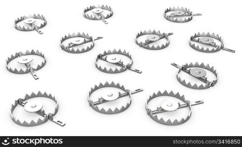 A lot of bear traps, isolated on white background