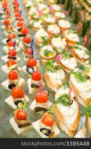 a lot of canapes with skewers and sandwiches on buffet table, shallow DOF