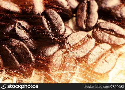 A lot of coffee beans on drapery with sparkles