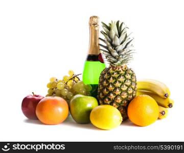A lot of different fruits and champagne isolated on white