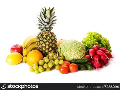 A lot of different fruits and vegetables isolated on white