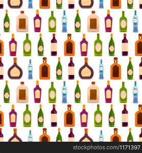 A lot of different glossy bottles with alcohol in a row on white, seamless pattern. Different glossy bottles with alcohol in a row on white, seamless pattern