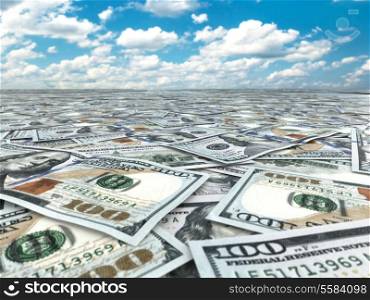 A lot of dollar banknotes and sky. 3d