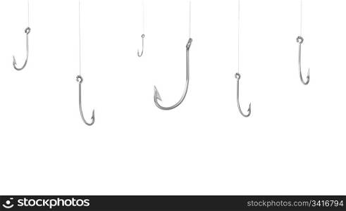 A lot of fishing hooks, isolated on white background