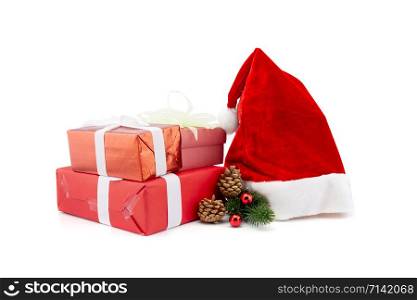 A lot of gift box with pine and pinecone and hat in season Christmas and new year isolated on white background, group of present for birthday or anniversary with surprise for happy, holiday concept.