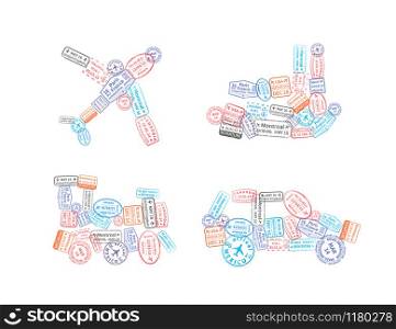 A lot of immigration stamps arranged in car, plane, ship and train shape isolated on white. Immigration stamps arranged in car, plane, ship and train shape isolated on white