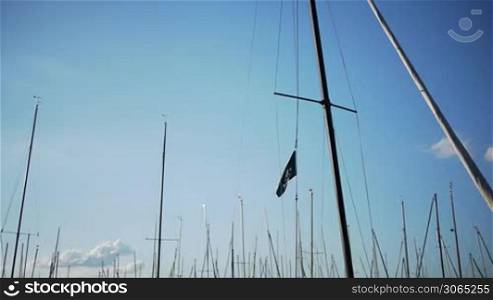 a lot of masts are swinging in a harbor, a pirate flag on one mast is focussed, viele Maste von Booten sind zu sehen, darunter ein Mast mit einer Piratenflagge