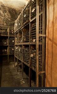 a lot of old wine bottles in the web in the wine cellar on the shelves. a wine cellar with bottles