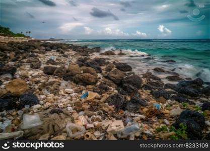 A lot of plastic waste on a troπcal dream beach created with≥≠rative AI technology