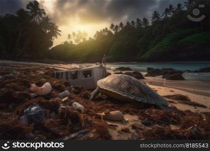 A lot of washed-up plastic waste on a tropical dream beach a large turtle inbetween the plastic waste created with generative AI technology