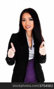 A lovely Asian business woman looking at her cell phone, holding afolder in her hands for white background.