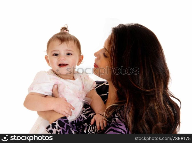 A lovely baby looking over the shoulder from her mom, isolated for white background.