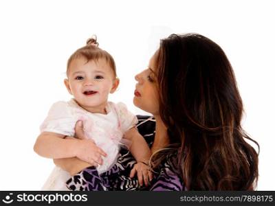 A lovely baby looking over the shoulder from her mom, isolated for white background.