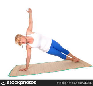 A lovely blond woman is yoga outfit showing some poses for yogaexercises, isolated for white background.