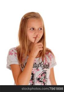 A lovely blond young girl standing for white background holding herfinger over her mouth, don&rsquo;t talk.