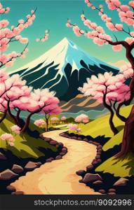 A lovely, cherry blossom landscape, with a winding path leading to the base of a snow peaked mountain.  Illustration created with the help of Generative AI Technology.