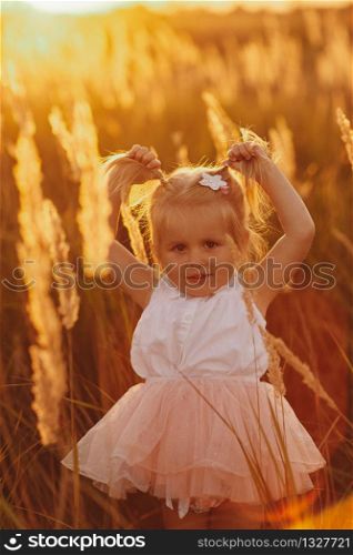 A lovely little smiling girl in a wreath of chamomiles in the flowering field in a sunny summer day. little pretty girl in the field. A lovely little smiling girl in a wreath of chamomiles in the flowering field in a sunny summer day