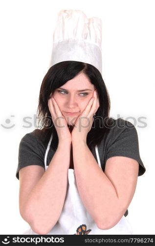 A lovely portrait of a young woman with an apron and cooking hat,thinking, for white background.
