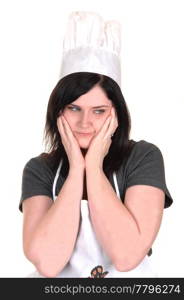 A lovely portrait of a young woman with an apron and cooking hat,thinking, for white background.