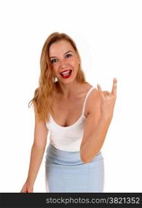 A lovely slim woman in a blue skirt and white top standingisolated for white background and giving the finger.