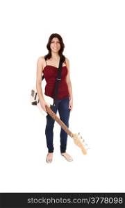 A lovely slim woman standing in jeans and a burgundy t-shirt, holdingher guitar and smiling, isolated on white background.