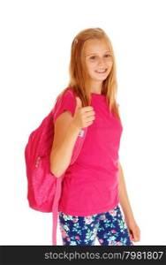 A lovely slim young girl with her backpack on her back standing for whitebackground, smiling and ready to go to school.