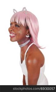 A lovely smiling young African woman with pink hair and silver bunnyears in a close-up portrait image, isolated for white background