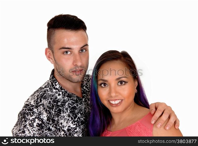 A lovely young couple, Asian girl and Caucasian man, in a closeup pictureisolated on white background.