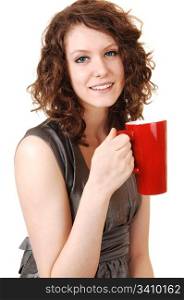 A lovely young woman holding a red coffee mug in her hand,for white background.