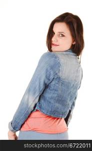 A lovely young woman standing from the back for white background, inblue thighs, pink t-shirt and jeans jacket, looking over her shoulder.