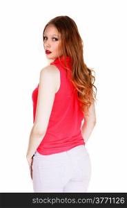 A lovely young woman standing in white jeans from the back,isolated for white background.