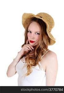 A lovely young woman with long curly blond hair wearing a beige strawhat, isolated for white background.