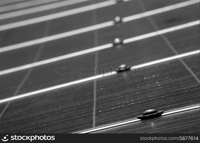 A low angle view in black and white of a solar pannel as it stretches away from the camera in to the distance.