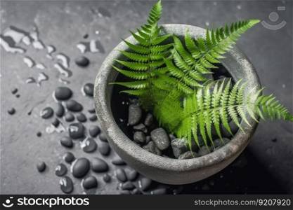 a lush fern in a concrete flowerpot with water and pebbles, created with generative ai. a lush fern in a concrete flowerpot with water and pebbles