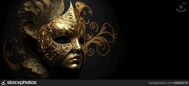 A luxurious golden mask with long feathers on a black background. Generative AI